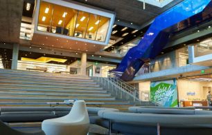 Photo of the lobby of a building at Intuit's Mountain View headquarters